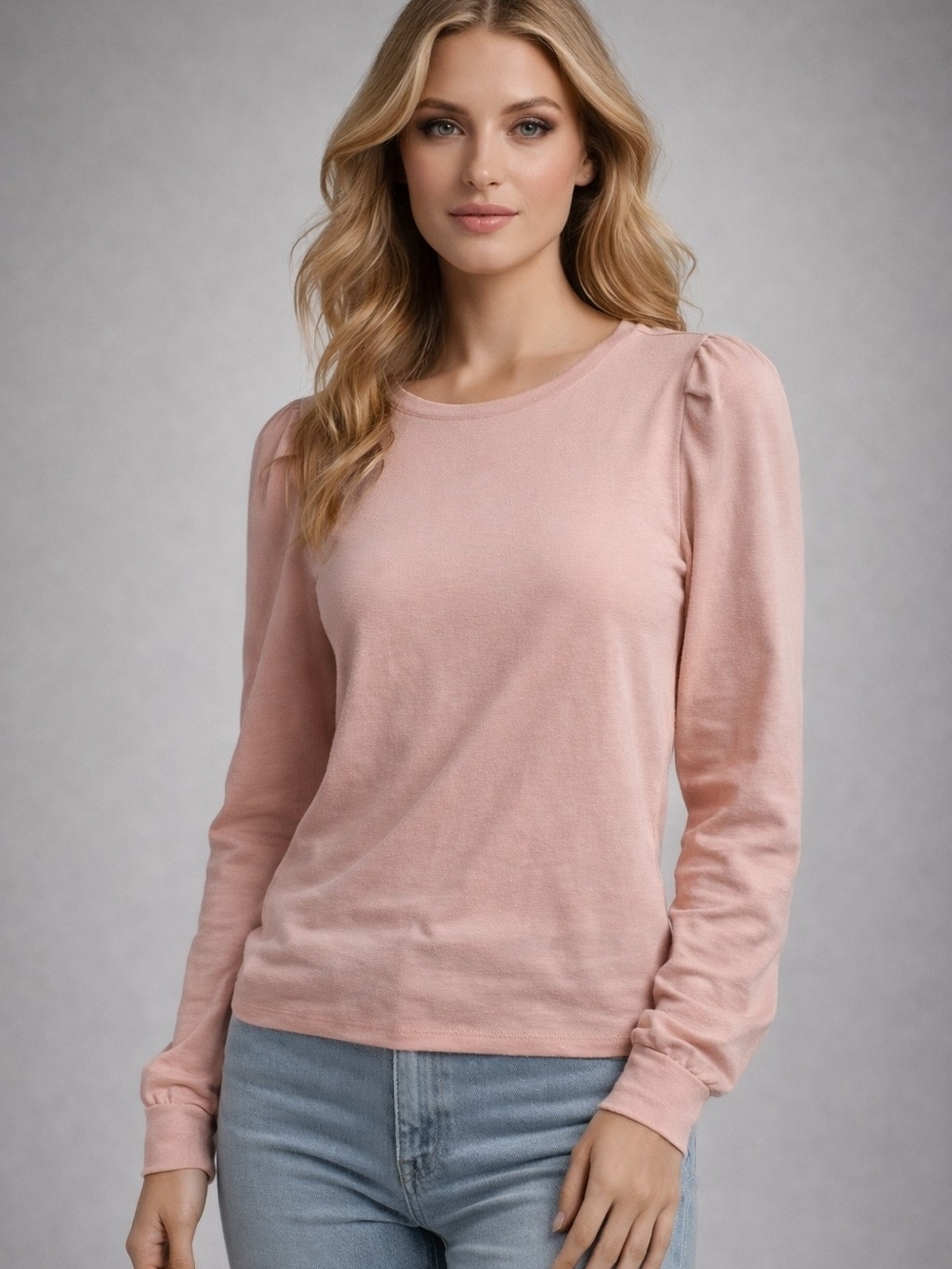 Time and Tru Blush Long Sleeve Puff Shoulder Tee